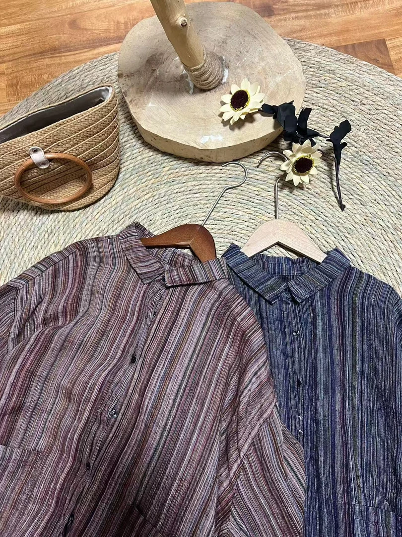 高品质色织雨露亚麻双门襟大版衬衫