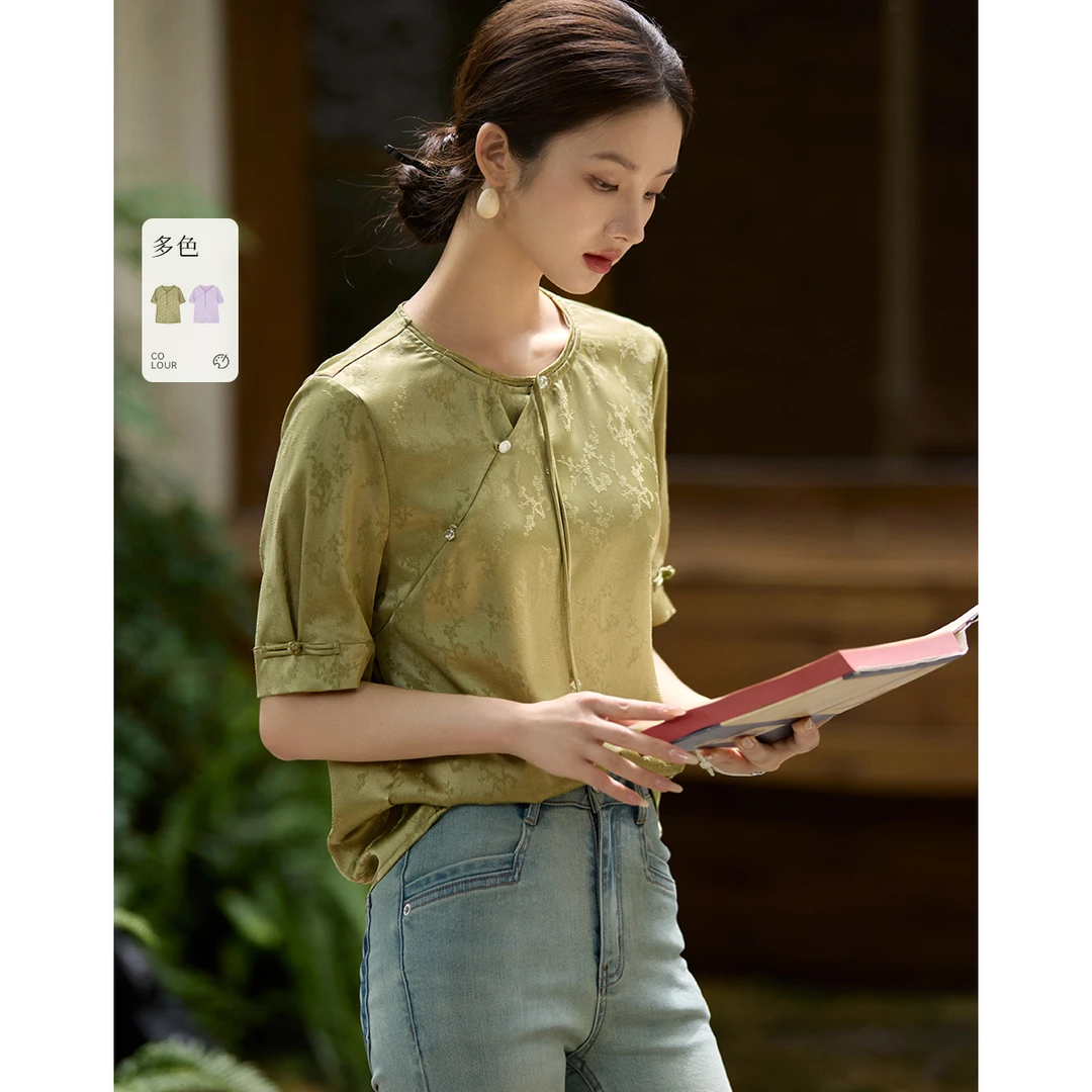 XWI/欣未【直播】优雅新中式缎面提花国风衬衫25夏绿色清凉气质衬衣