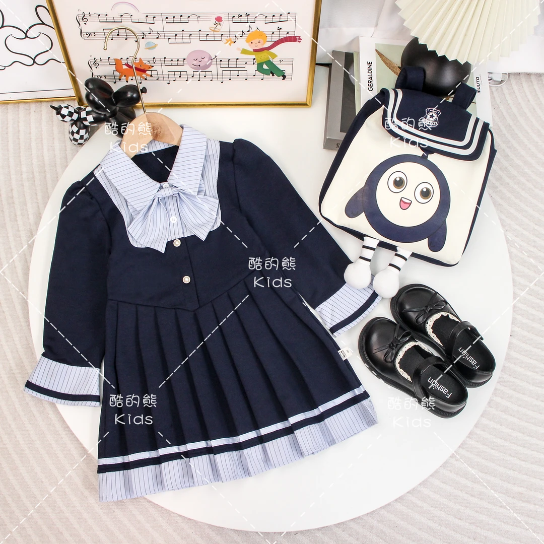 女童藏蓝色长袖淑女连衣裙2025儿童女气质翻领假俩件裙子D3S6-921