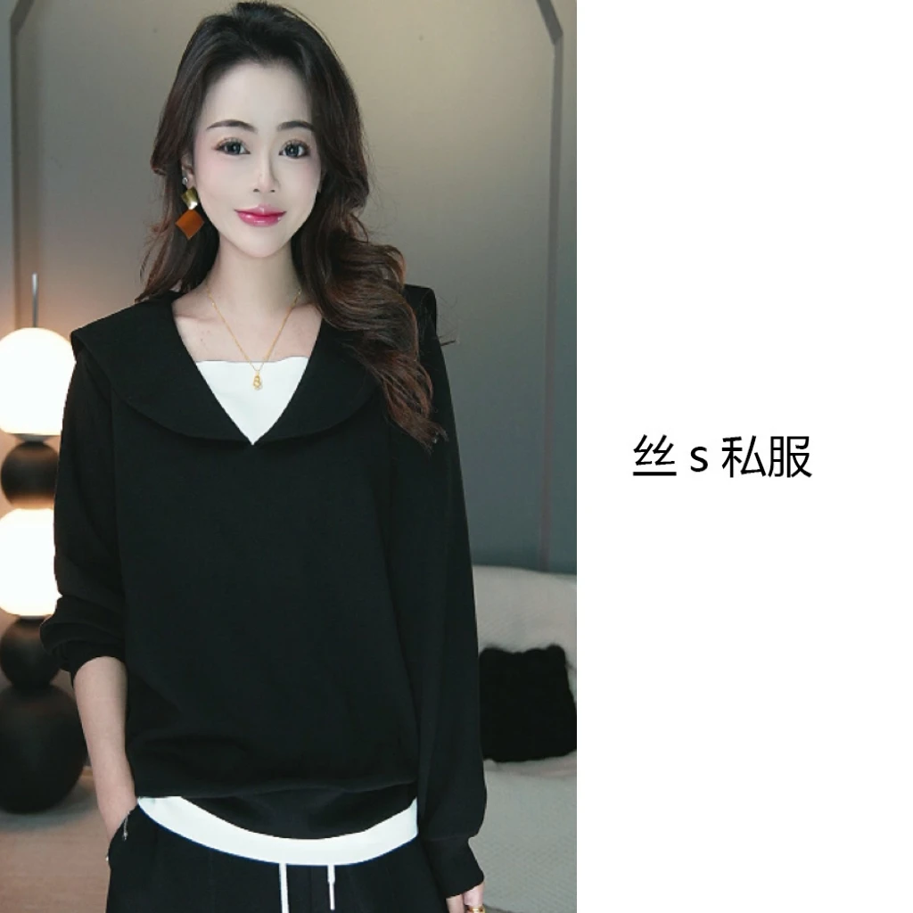 丝s私服【巨百搭】春季撞色假两件大翻领显瘦遮肉上衣卫衣F21007