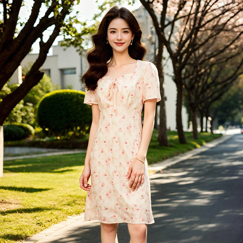 奢姿大码女装2025夏季时尚方领短袖连衣裙胖妹妹气质碎花系带裙子