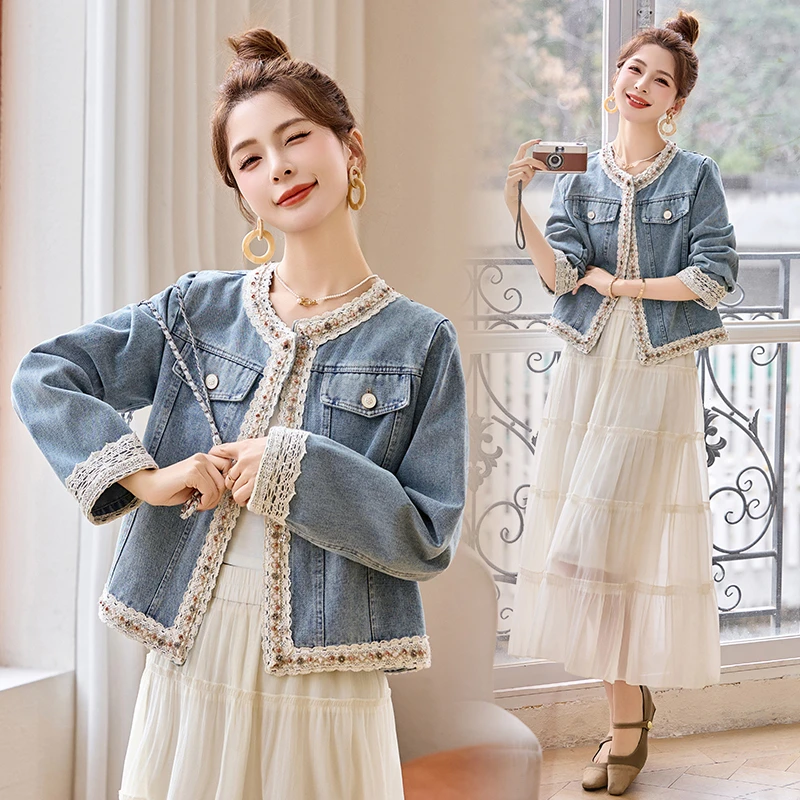 时髦蕾丝牛仔衬衫外套女士2025新款春秋复古宽松显瘦气质短款上衣