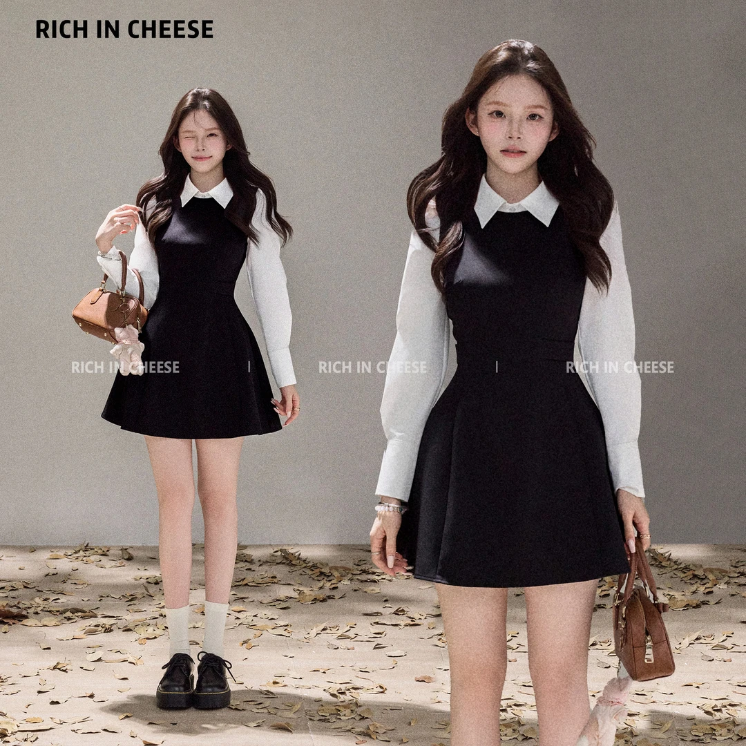 金川川 长岛初秋【少量现货】千金秋冬高级撞色假两件收腰连衣裙