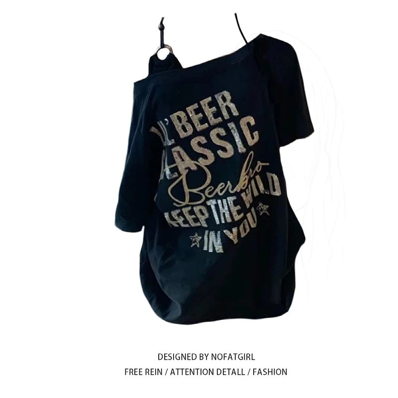 大码胖MM甜酷辣妹黑色字母印花斜肩短袖t恤女夏季宽松慵懒风上衣