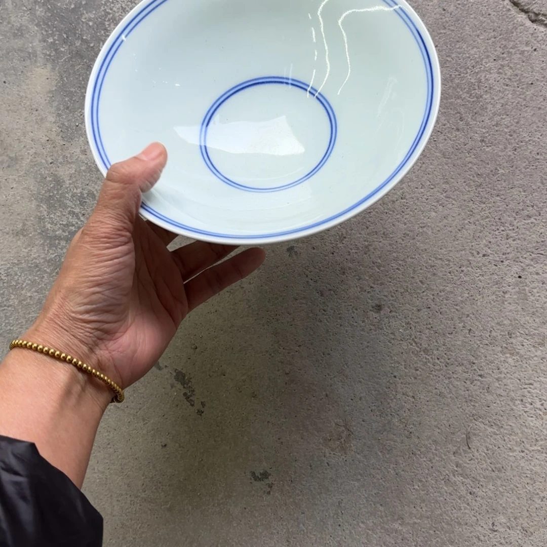 瓷7英寸斗笠盘蓝线手工