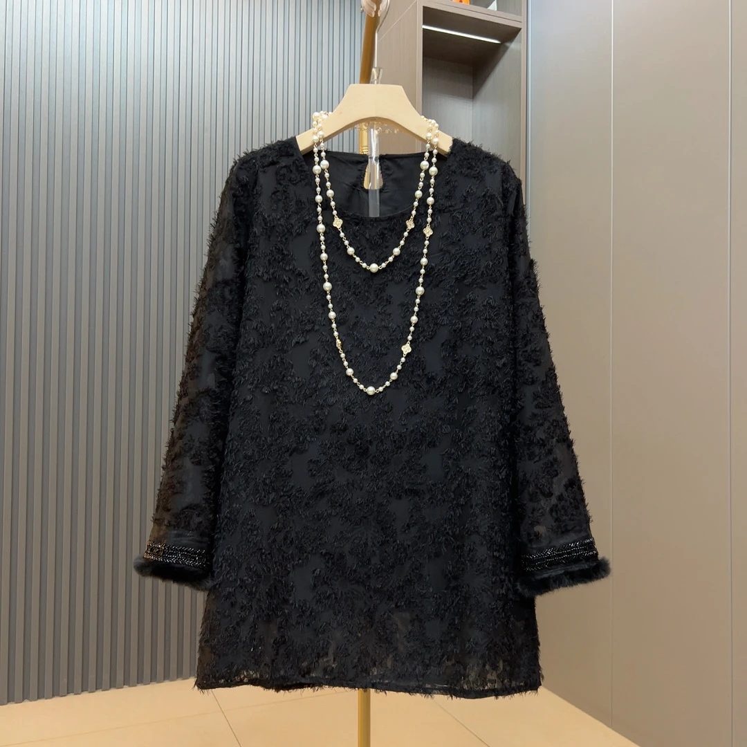 长袖T恤显瘦秋冬圆领重工毛纱打底衫