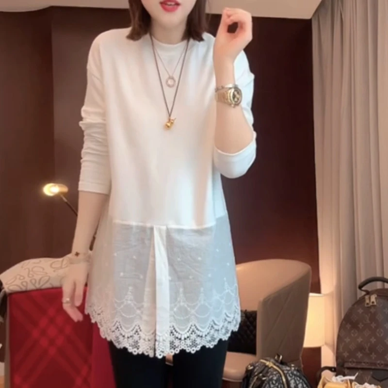 中长款蕾丝拼接打底衫女装早春季2025年新款上衣开叉白色长袖t恤