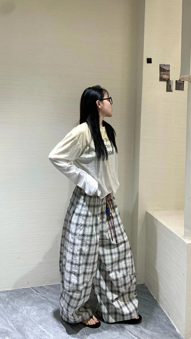 夏季格子薄款休闲裤松紧腰廓形拖地裤子oversize遛弯裤透气百搭女