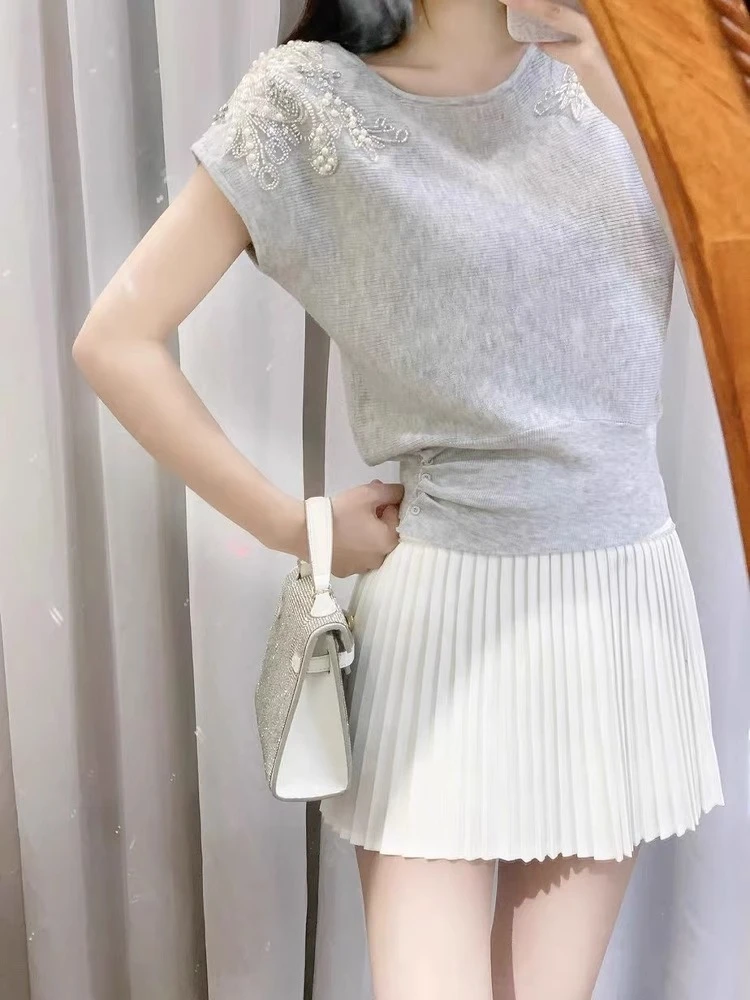 重工钉珠烫钻收腰无袖针织衫女夏季新款修身显瘦气质百搭上衣