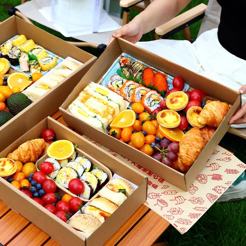 野餐盒便当一次性打包盒春游露营户外网红牛皮纸烤肉小吃寿司盒子