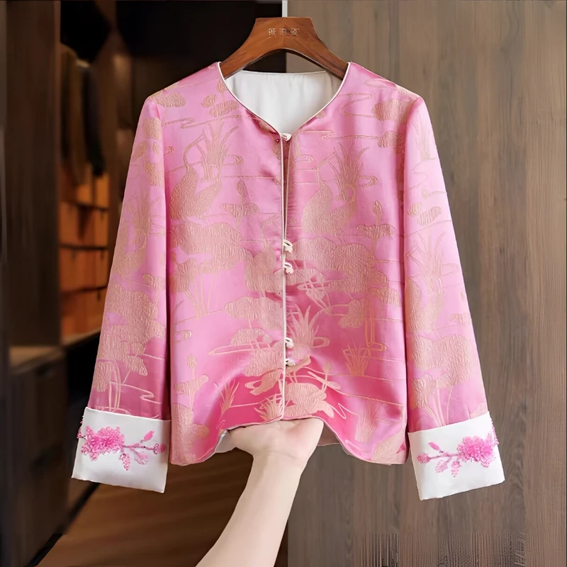 罗蒙高贵新中式外套女粉色新款中年妈妈气质减龄高级感国风上衣服