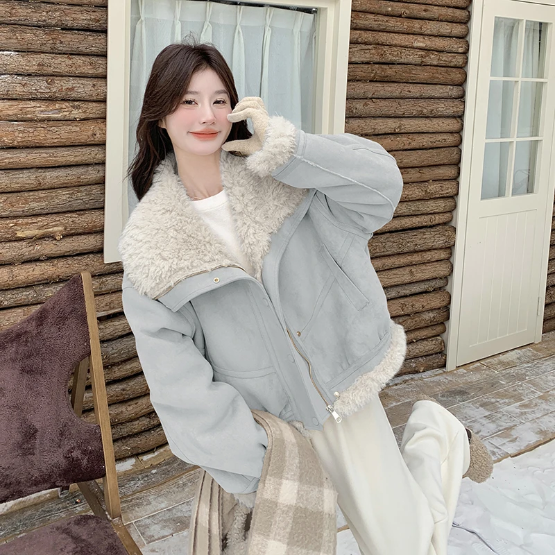 超好看蓝色皮毛一体羊 羔毛外套女冬季2025新款大翻领洋气学院风