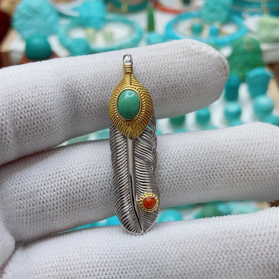 银S925镶嵌绿松石羽毛
