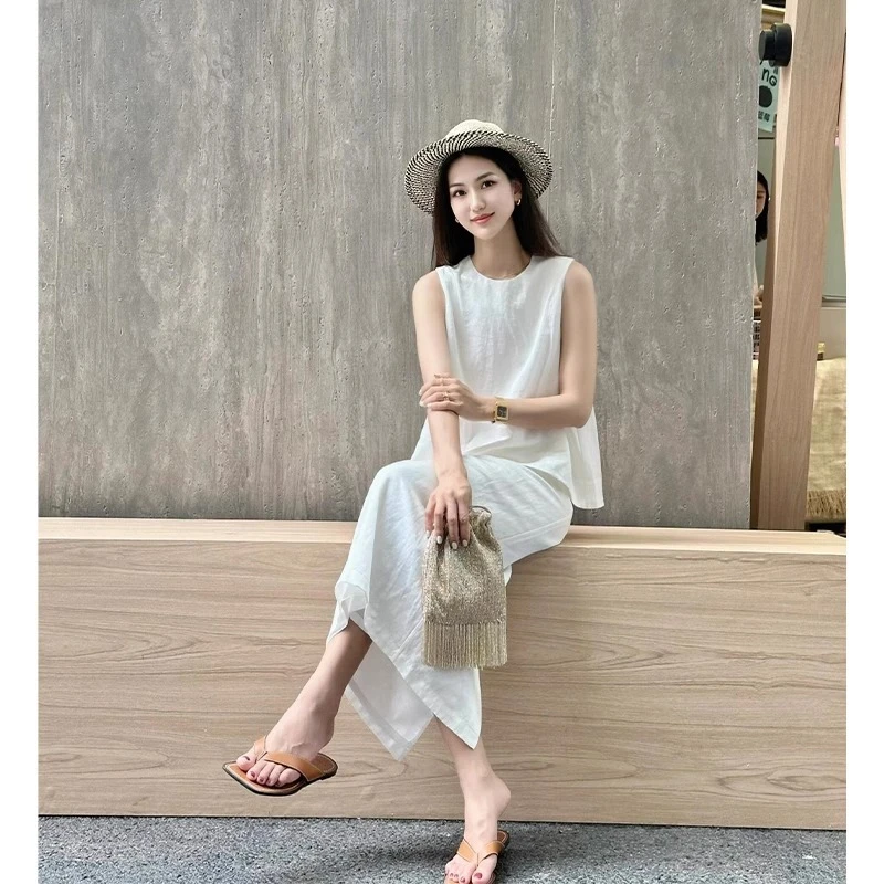 时尚洋气高级感白色棉麻套装裙2025夏季亚麻无袖背心老钱风马甲