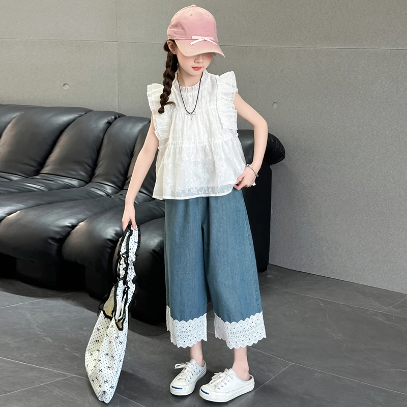 女童韩系套装夏装2025新款儿童飞袖娃娃衫大童女孩花边牛仔阔腿裤