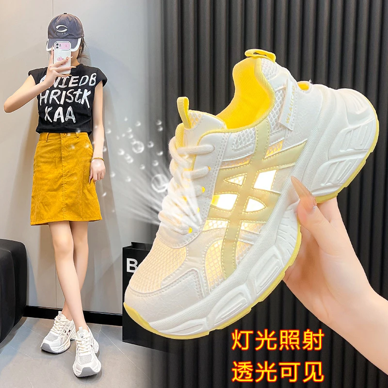 35-41码 大码女鞋厚底老爹鞋女轻便镂空网面透气薄款休闲运动鞋子
