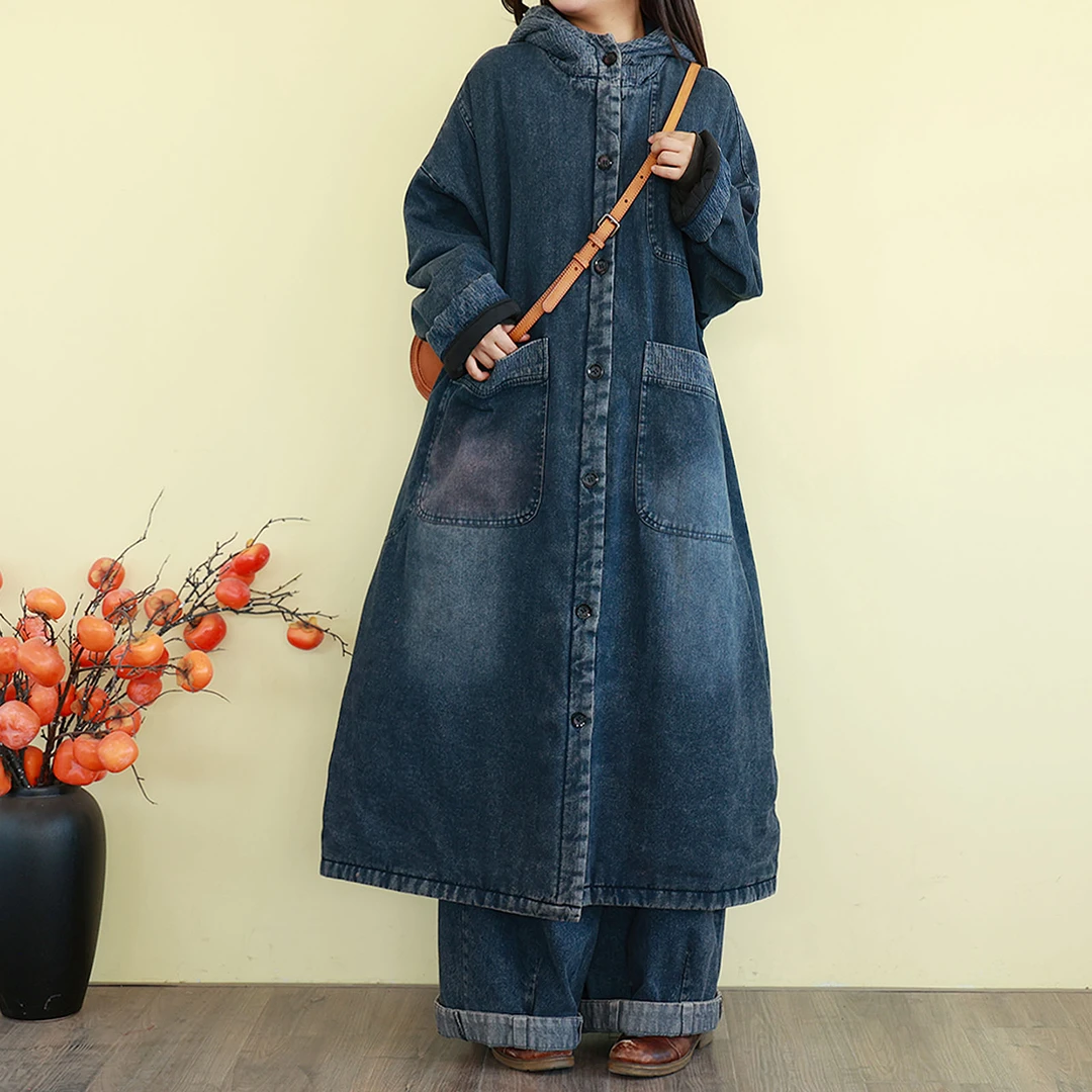 复古文艺牛仔棉衣外套女装冬季长款加厚夹棉保暖连帽宽松棉服大衣