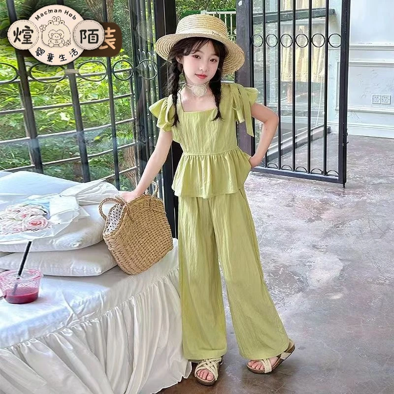 女童套装2025夏季新款中大童阔腿裤休闲飞飞袖上衣垂感百搭两件套