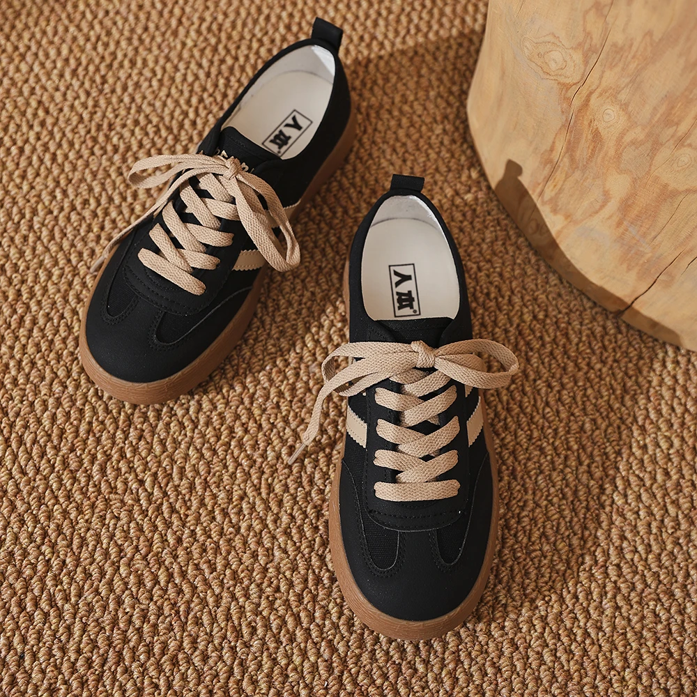 人本德训鞋女2025秋季新款韩版黑色百搭女鞋复古风小众轻薄帆布鞋