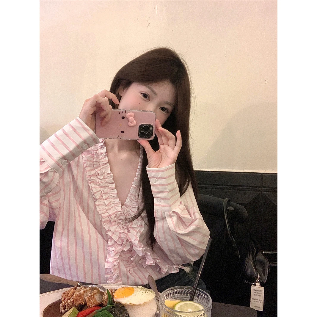 淡粉色立体木耳边v领条纹衬衫女春夏宽松法式慵懒风衬衣防晒上衣