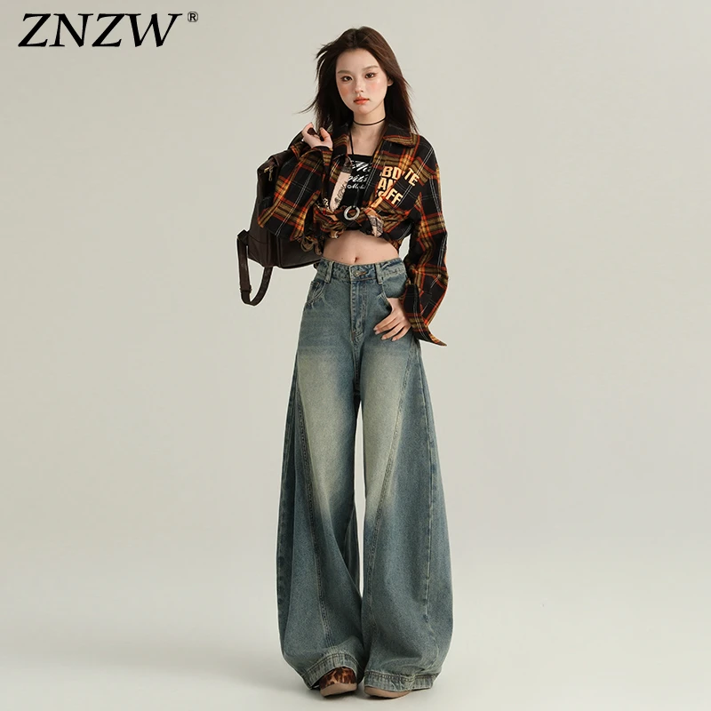 ZNZW美式弯刀牛仔裤女2025新款夏季做旧高腰阔腿小个子镰刀裤女