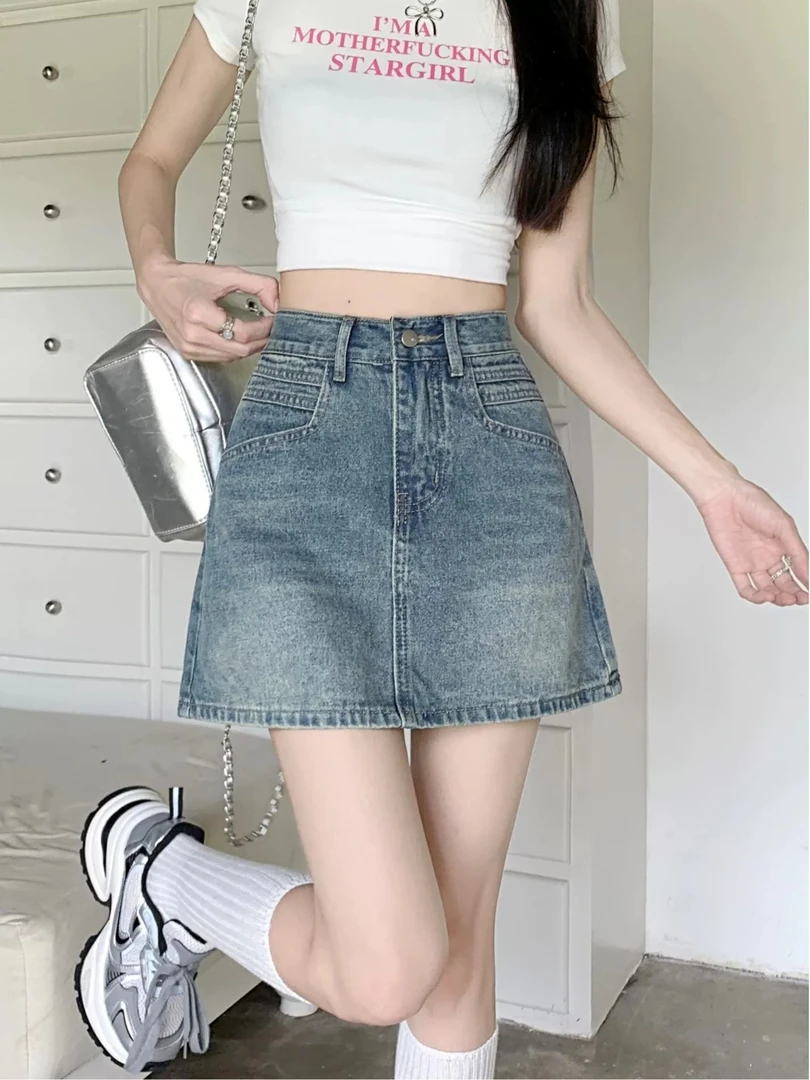 433 韩版高腰防走光A字版百搭牛仔半身裙（J013）