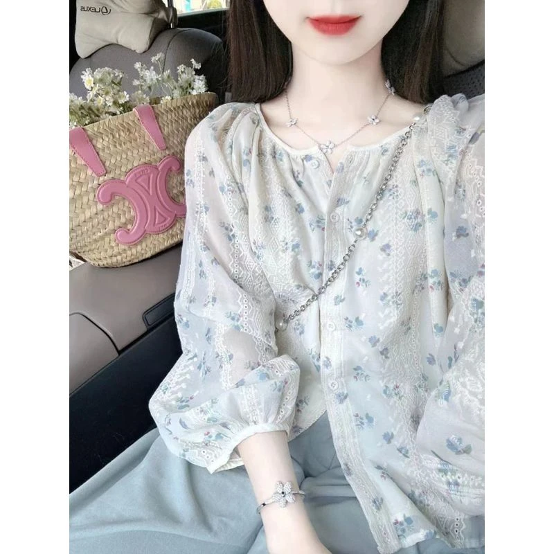 法式甜美泡泡袖碎花雪纺衬衫女2025夏季新款温柔风蕾丝刺绣防晒衫