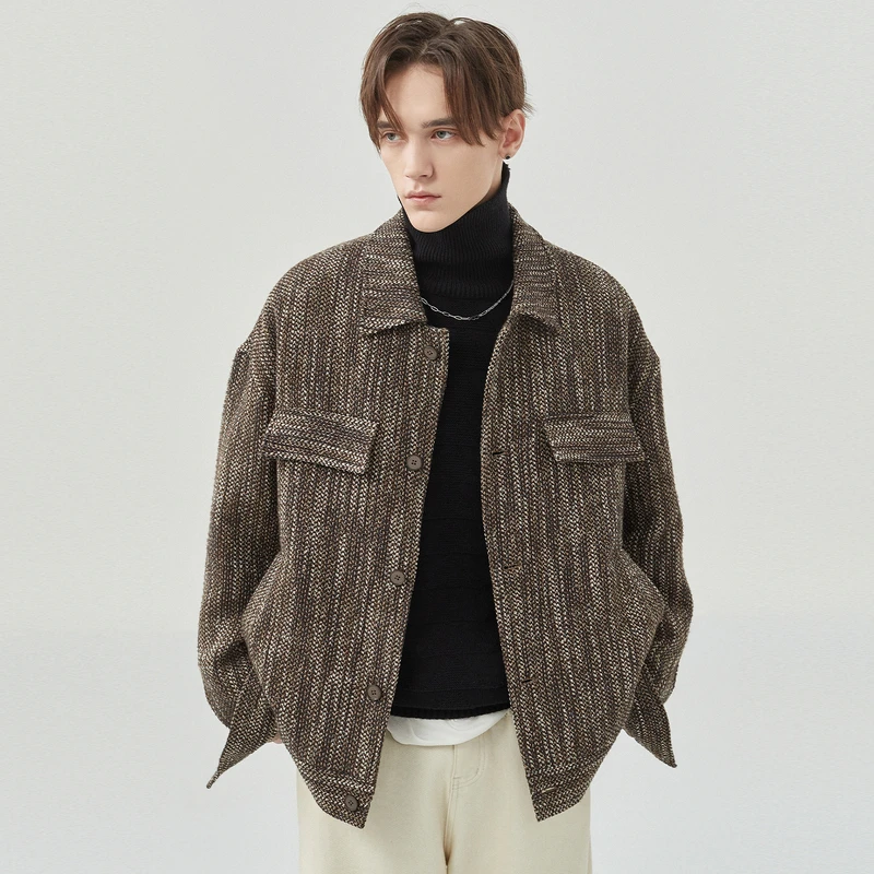 DH男装夹克秋冬季短款毛呢百搭翻领宽松韩版秋季男士U341576