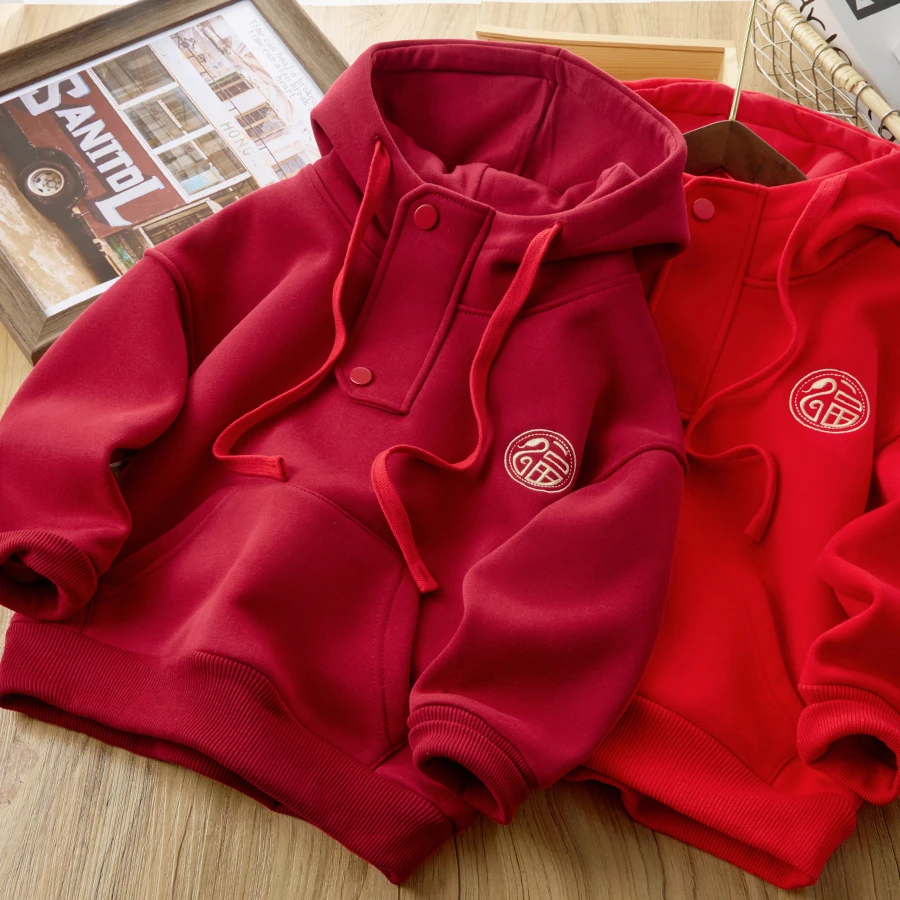 儿童加绒连帽年款卫衣冬款拜年服百搭新款男童女童上衣925