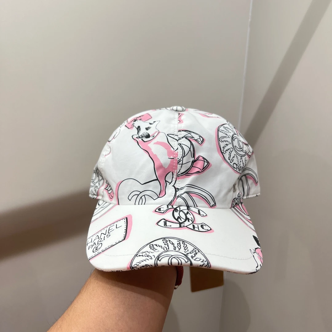 99新 Chanel/香奈儿 dec373 粉白Logo小狗棒球帽 棉