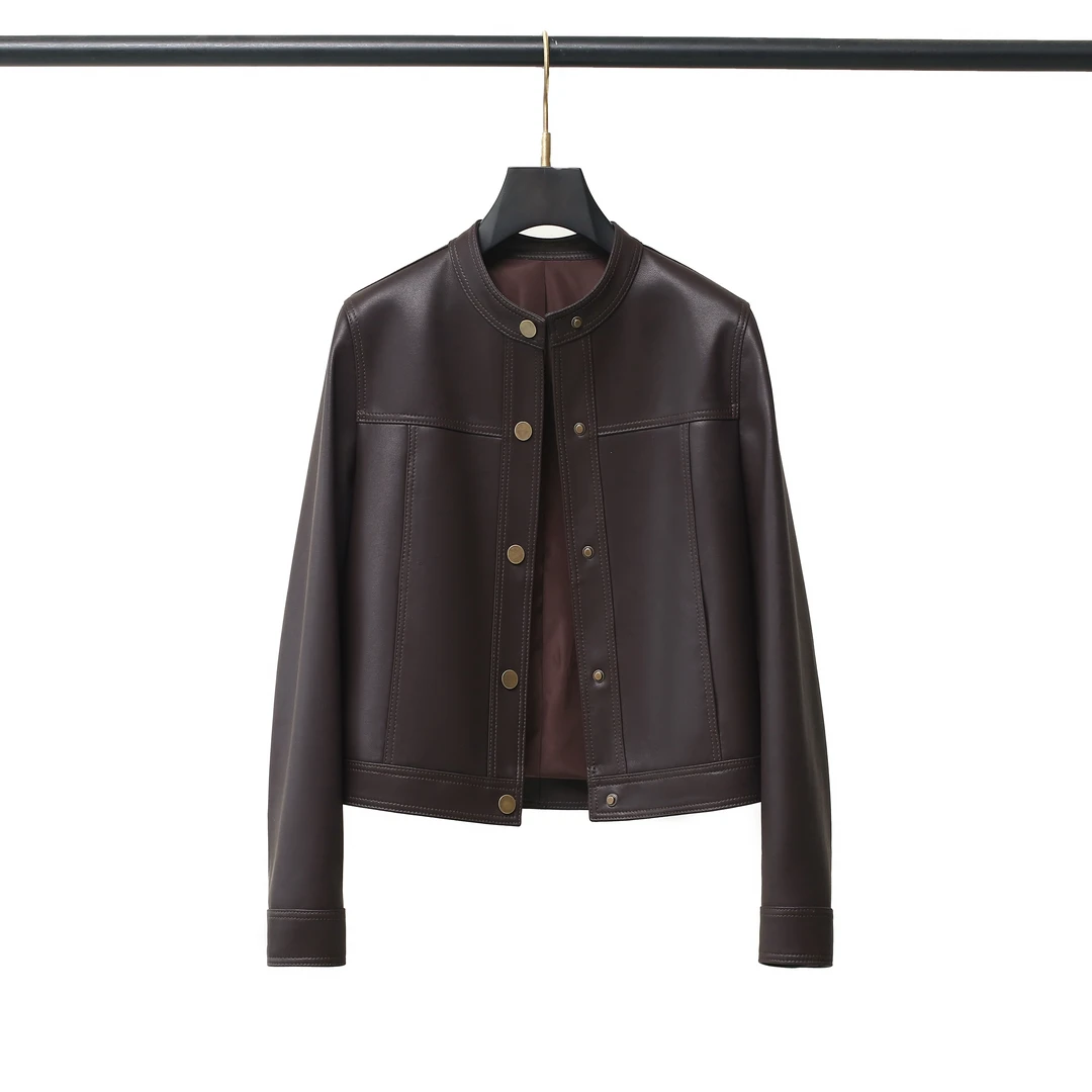 Y2真皮衣咖色女装2025秋季新款显瘦气质短款外套百搭纽扣时尚
