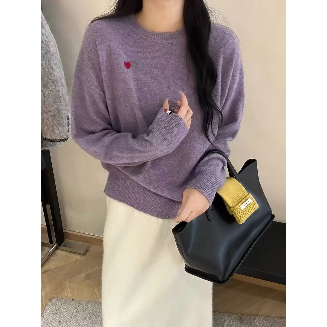 /钩花爱心套头/爱心刺绣圆领针织毛衣新款百搭减龄上衣女CM102
