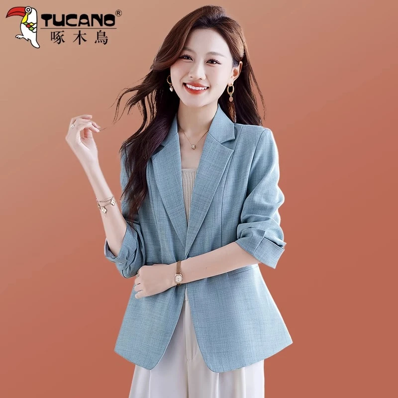 啄木鸟女士西装外套春秋2025新款小个子气质简约休闲宽松蓝色西服