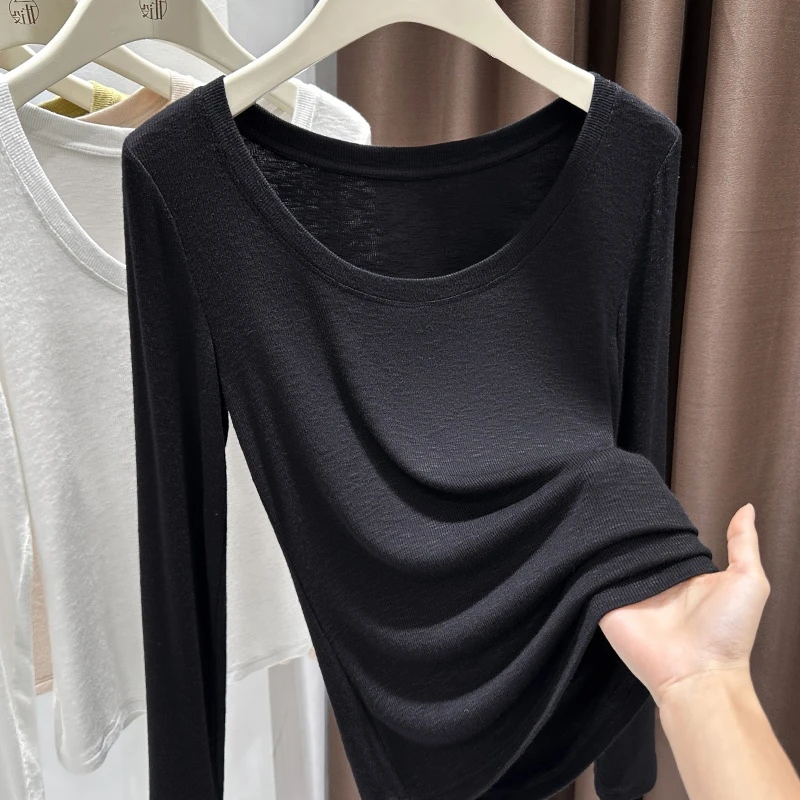 气质黑色高级感百搭修身显瘦打底衫上衣2025早秋新款亲肤长袖T恤