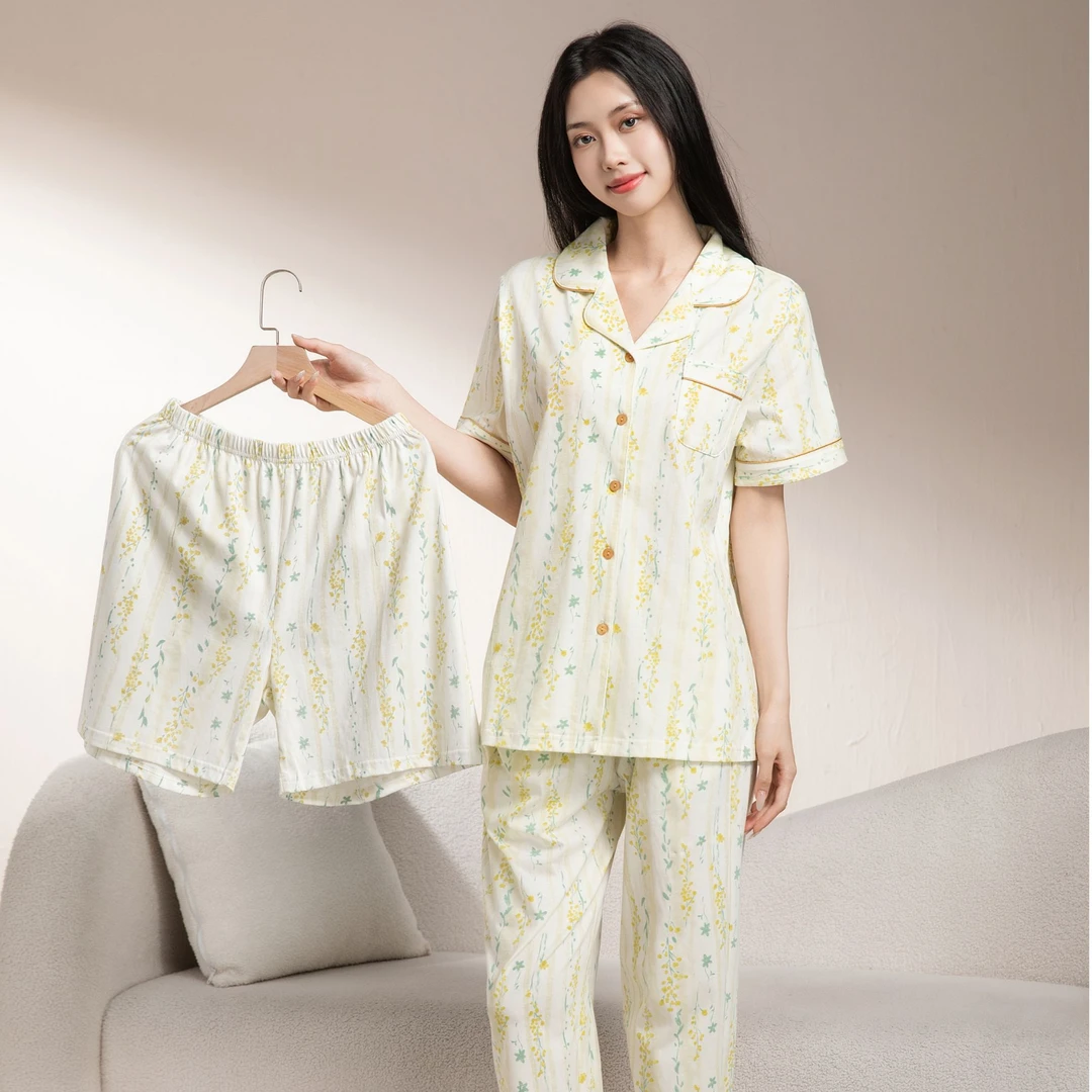 姬玛夏款针织纯棉短袖睡衣女三件套装透气翻领家居服套装252326