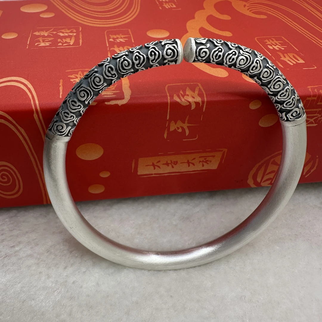 足银手镯 9999足银手镯复古祥云实心哑光可调节情侣手镯时尚镯子