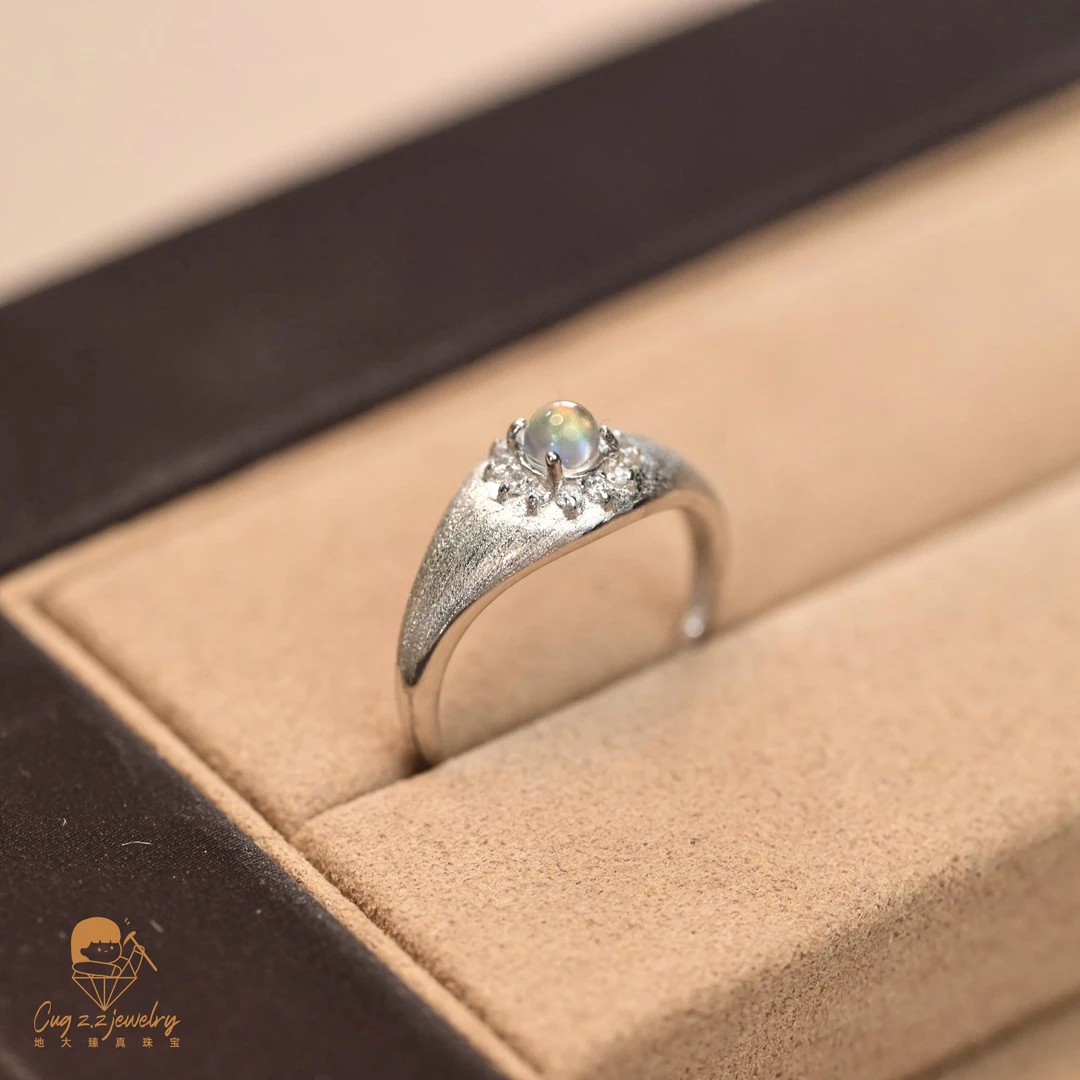 天然月光石马岛月光拉丝星芒戒指925银彩虹月光石