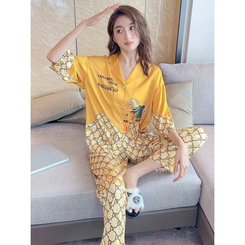 睡衣女夏季网红风冰丝大码胖mm中半袖薄款高级感家居服套装春秋款