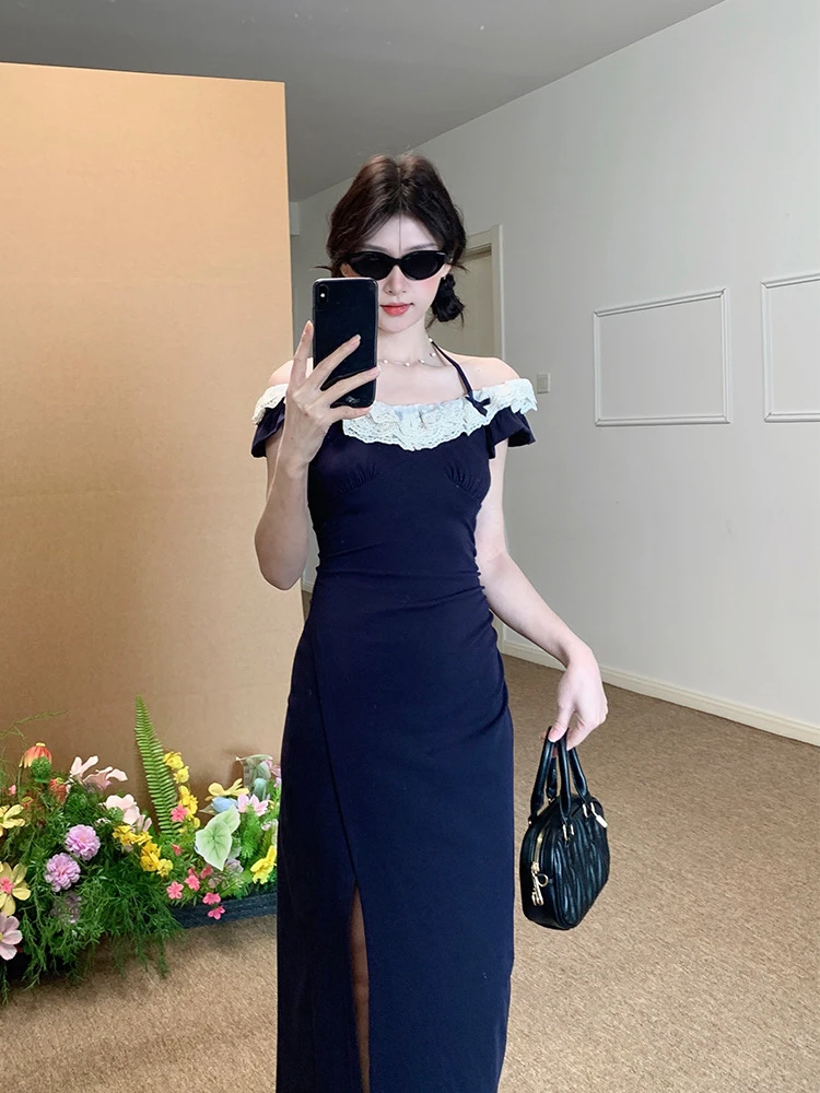 蕾丝拼接撞色小飞袖连衣裙女夏季紧身收腰开叉裙子纯欲风包臀长裙