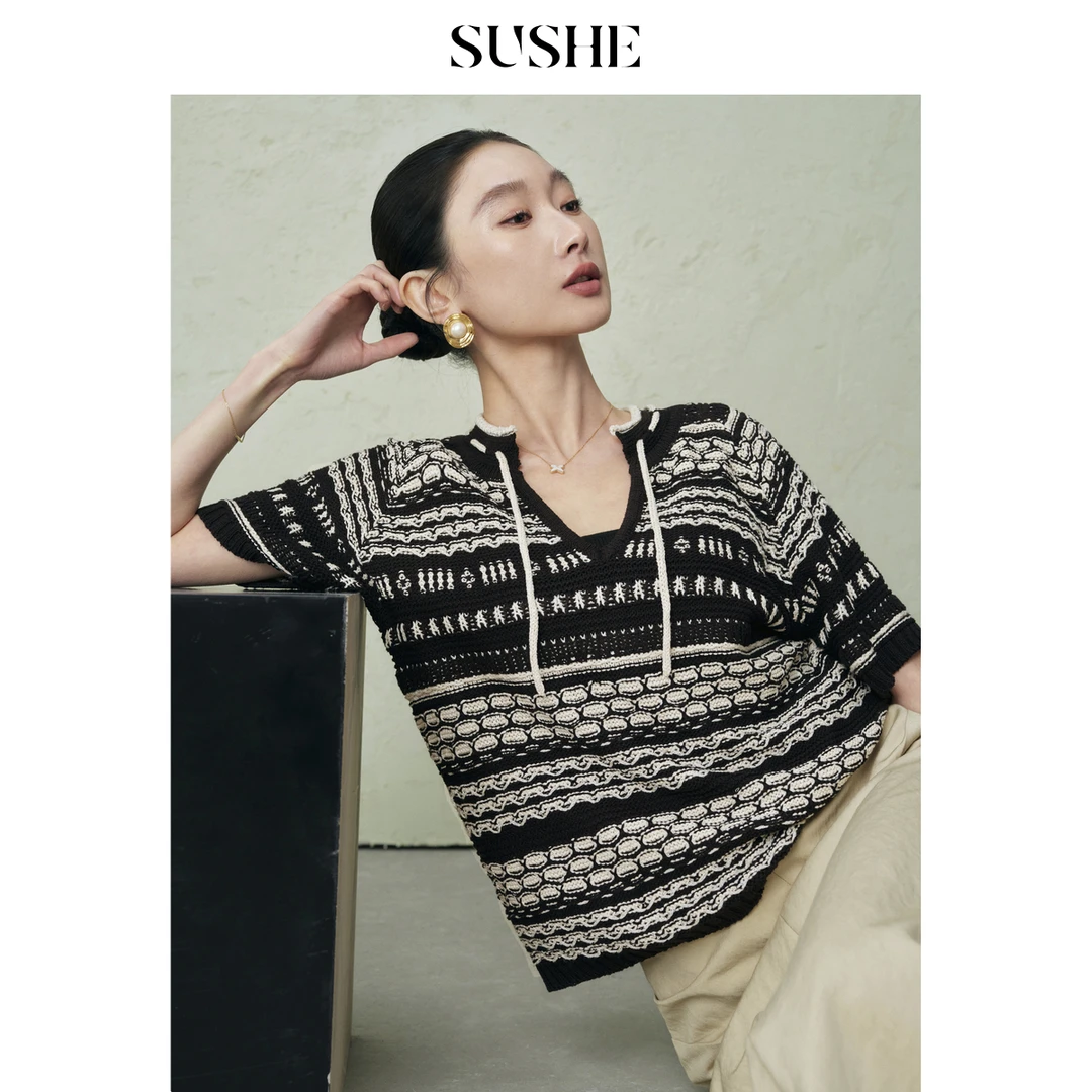 束皙SUSHE 弦语 民族风天丝亚麻撞色条纹镂空抽绳针织短袖上衣女