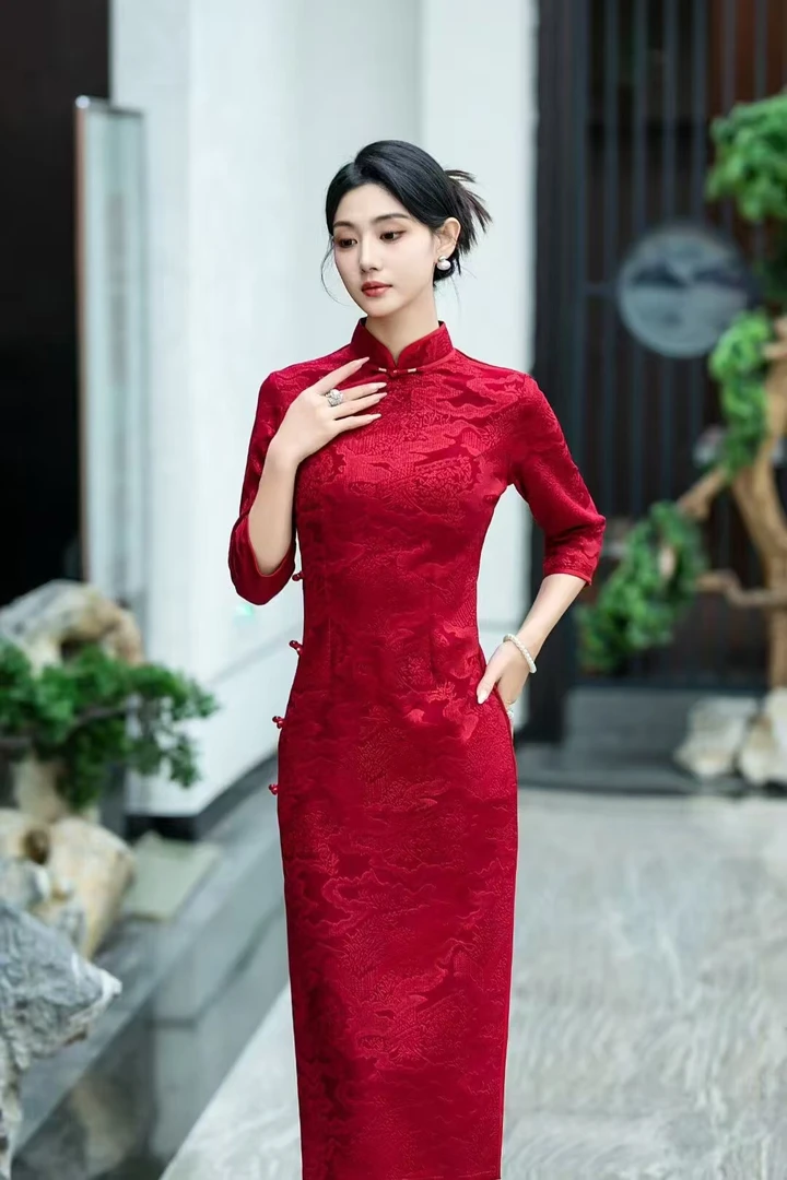 【金贵芙蓉】中国风高贵时尚秋冬款气质优雅秋冬修身植绒旗袍A15