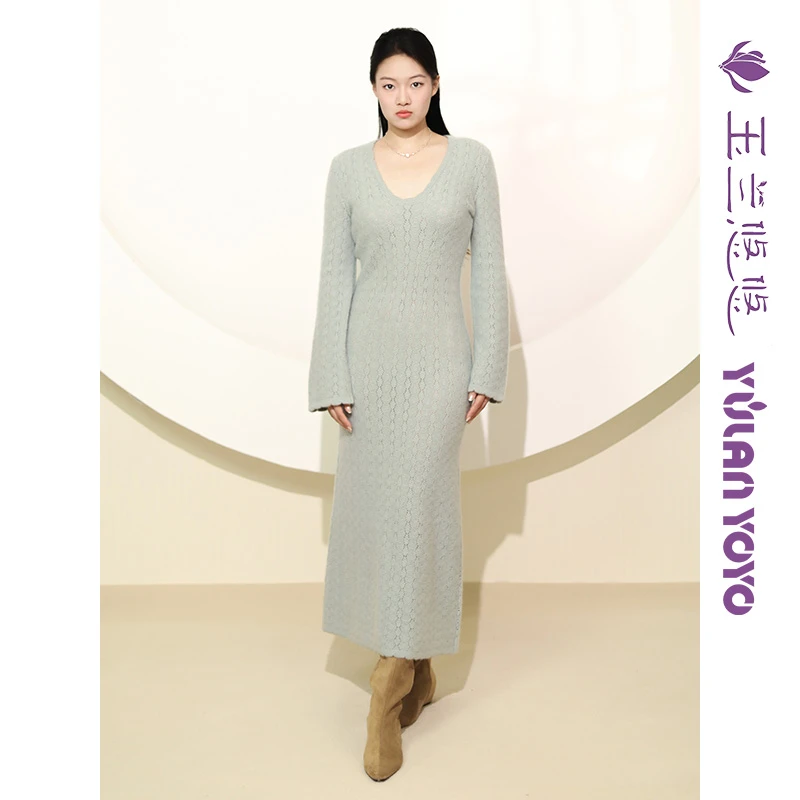 玉兰悠悠2025新款秋“薄雾”100%全羊绒针织套头连衣裙高弹圆领