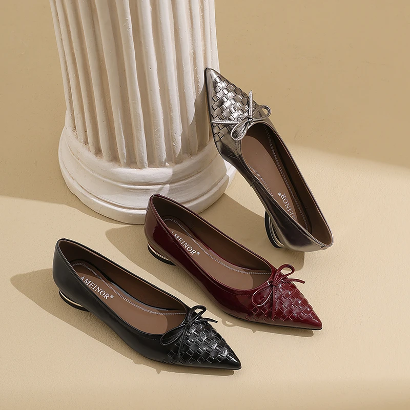 AMEINOR2025夏季新款尖头蝴蝶结真皮编织舒适浅口单鞋A-XBH-0079