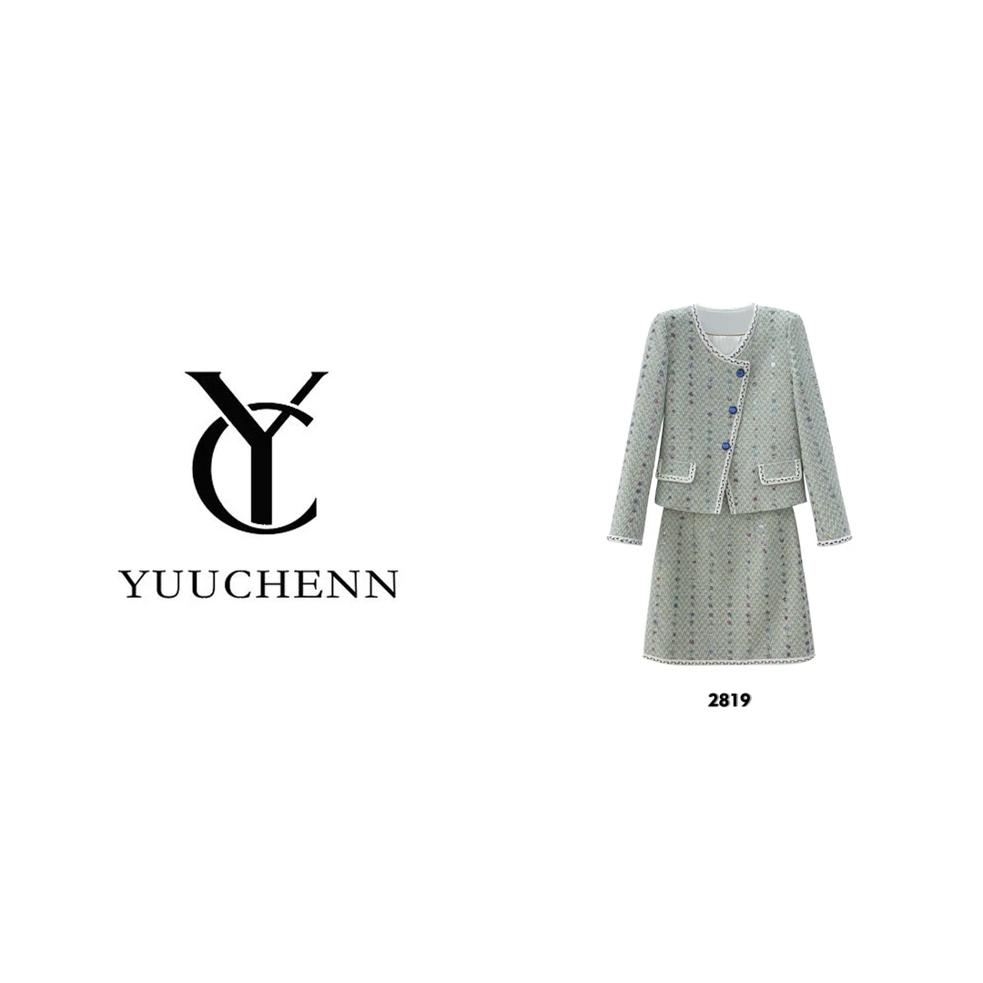 YUUCHENN  高级感套装蓝色名媛气质轻奢小香风两件套 秋季套装
