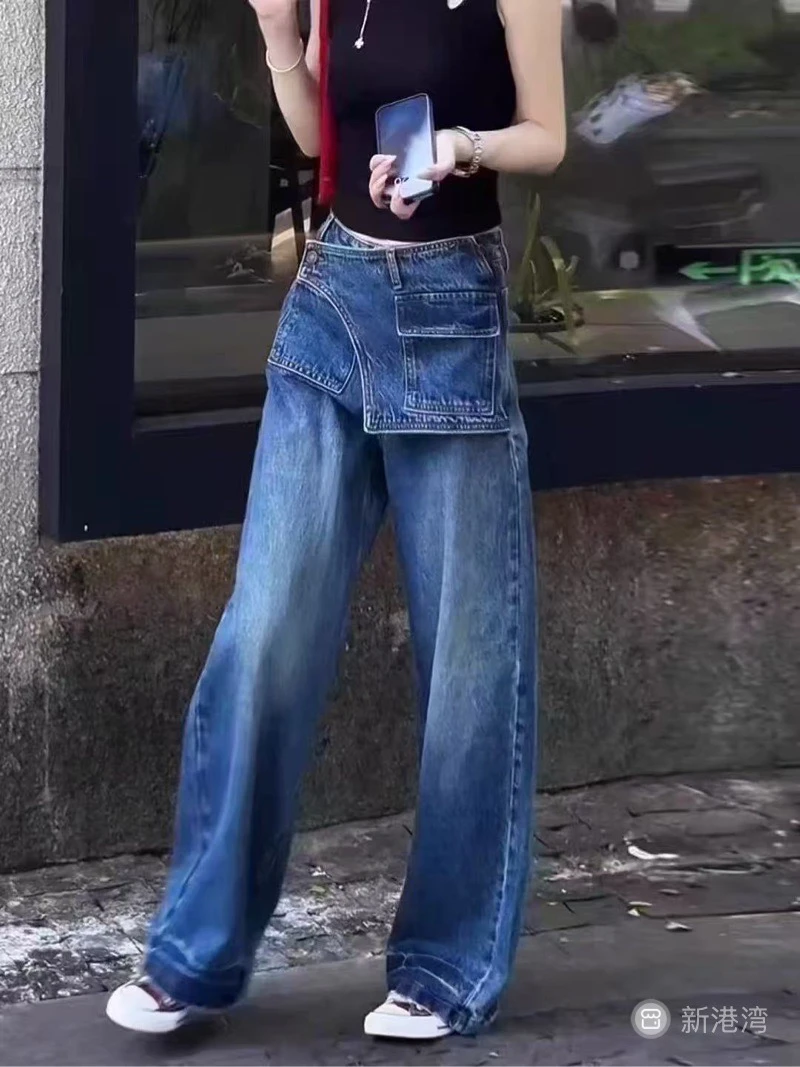 设计感蓝色阔腿牛仔裤爆款显瘦高腰长裤时尚