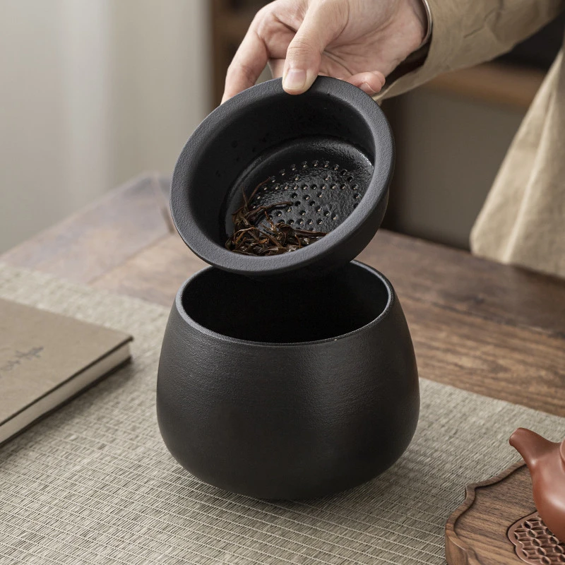 黑陶茶渣缸茶洗建水大小号蓝色带过滤倒茶桌面垃圾桶轻奢高端茶孟