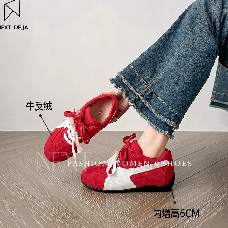 同款联名内增高真皮红色休闲鞋女新款小个子系带阿甘德训鞋反绒