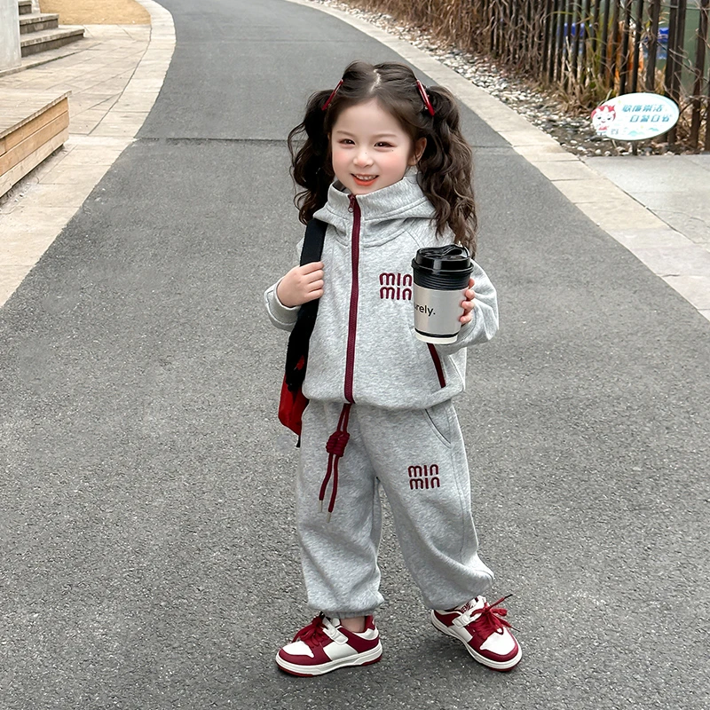 韩版早春新款女童男童运动休闲连帽开衫上衣裤子时尚中大童两件套