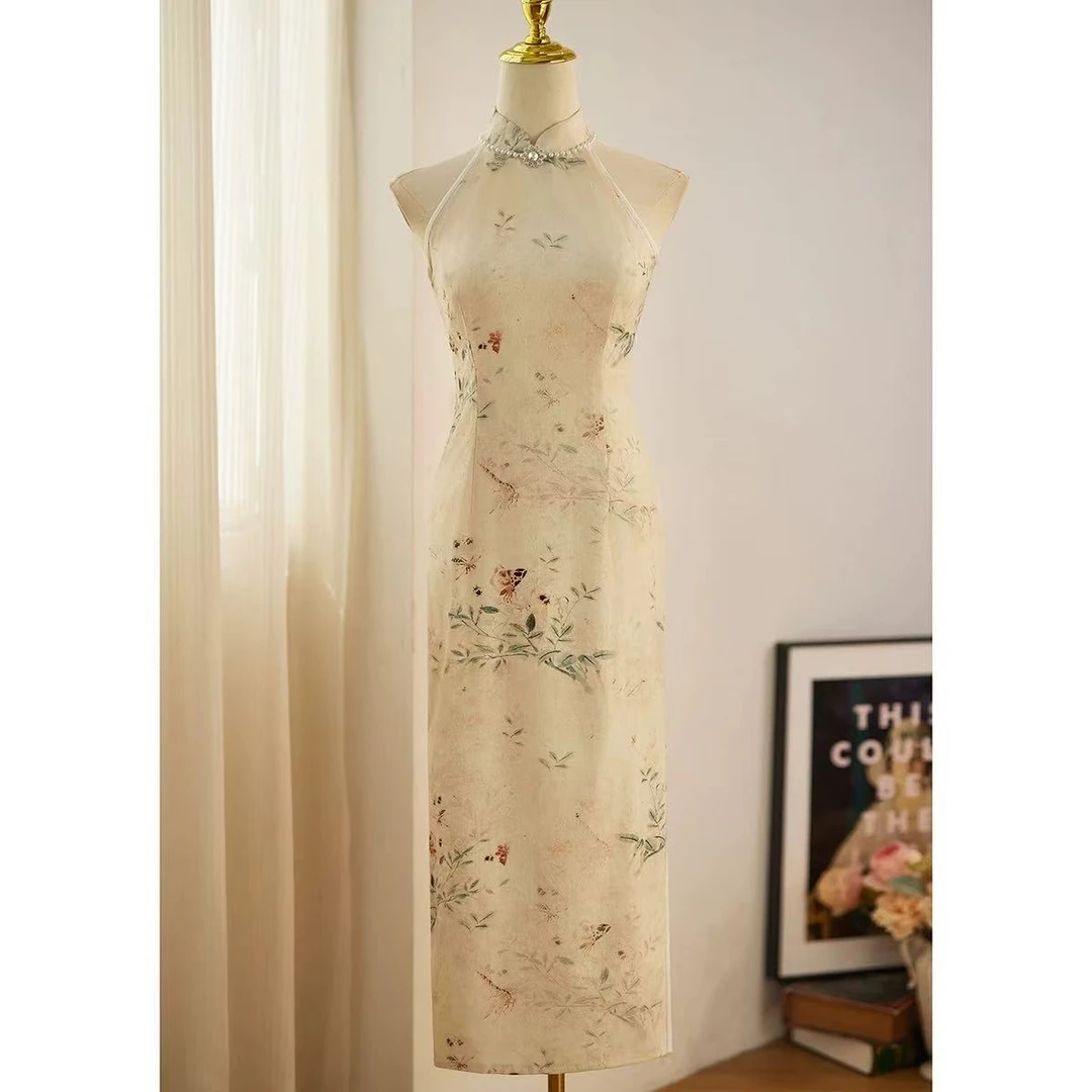 0970 香槟色 【蜻蜓蝴蝶】 挂脖 旗袍