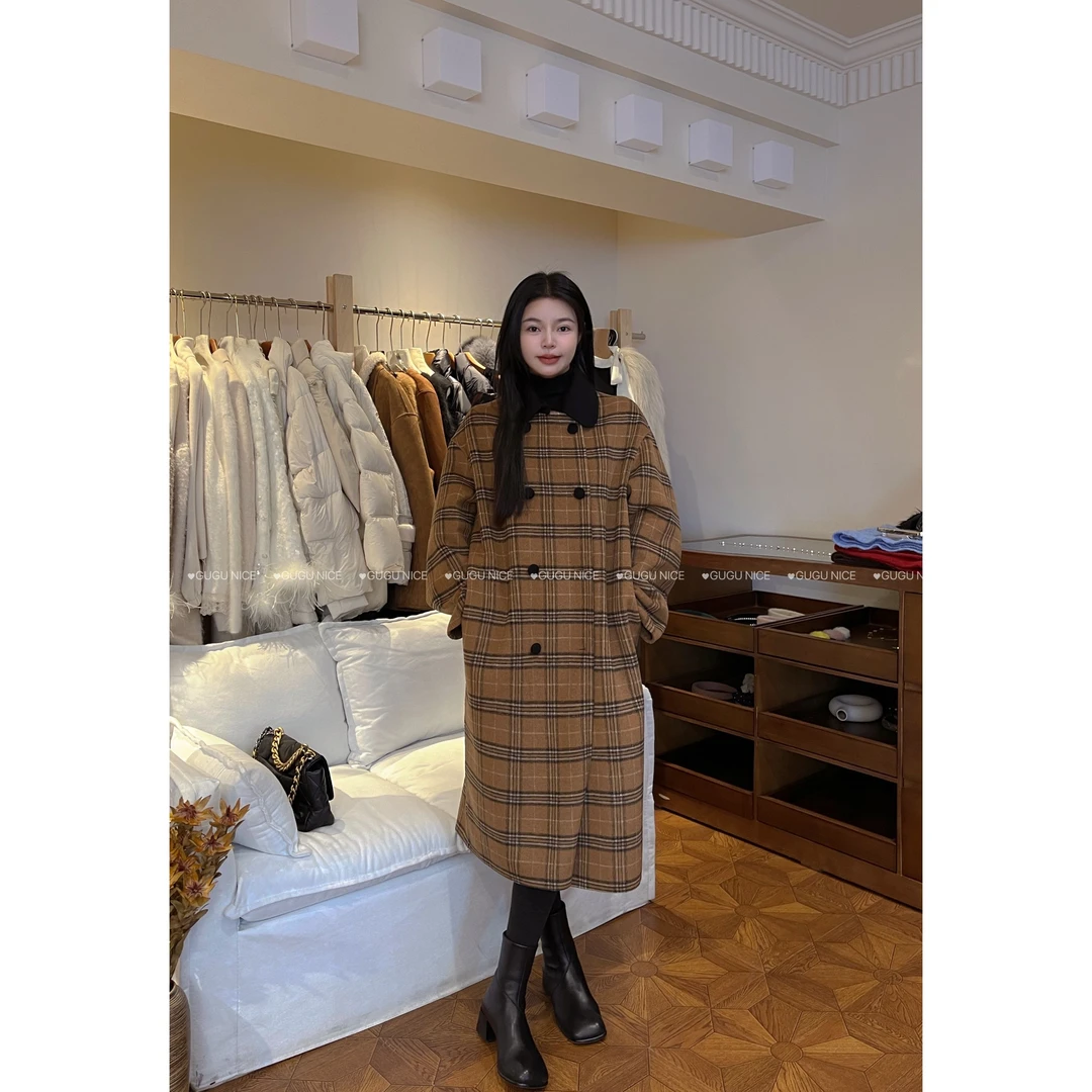 【古古】12.01【知否二代】宽松经典拼色格纹双面长短羊毛大衣G24601